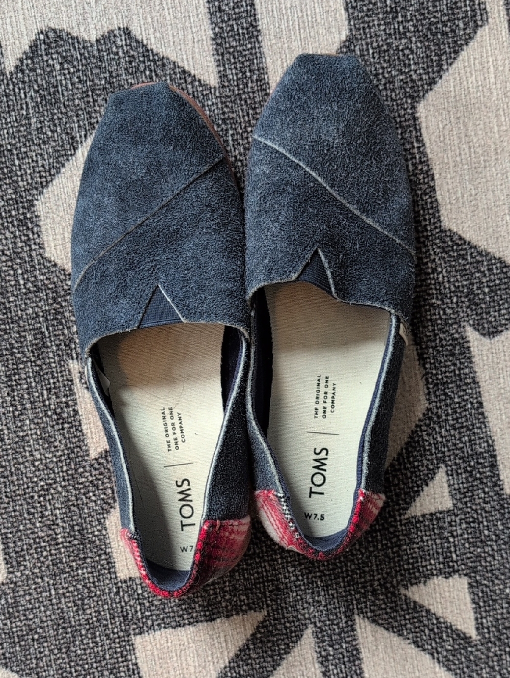 TOMS Navy Suede Slip-On Mules with Red Plaid Heel Accent